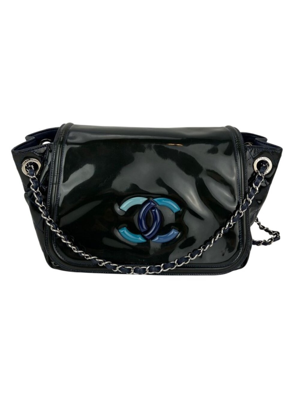 Chanel Vinyl CC Lipstick Accordion Blue Flap Shoulder Shiny Bag Vintage